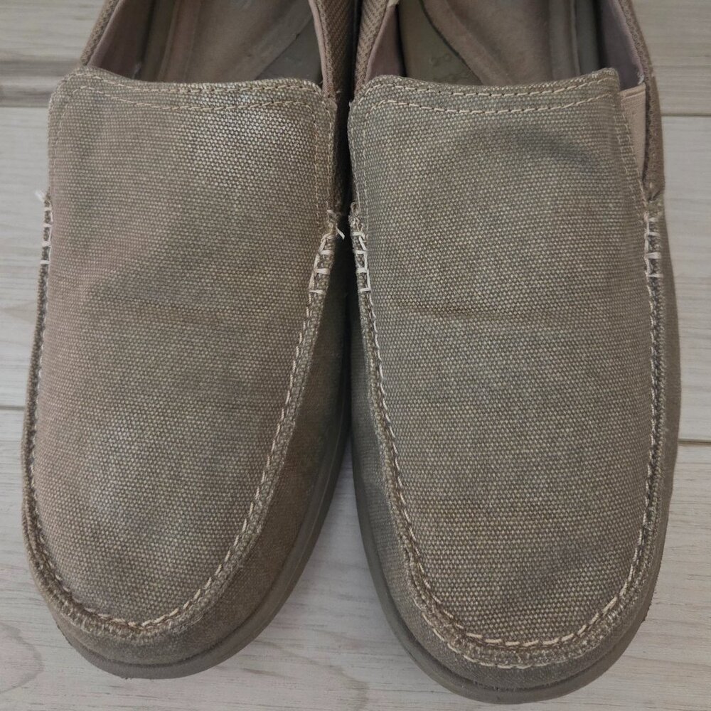 Mens Crocs Santa Cruz Shoes Size 11 Triple Comfort Taupe Canvas Slip On Loafers